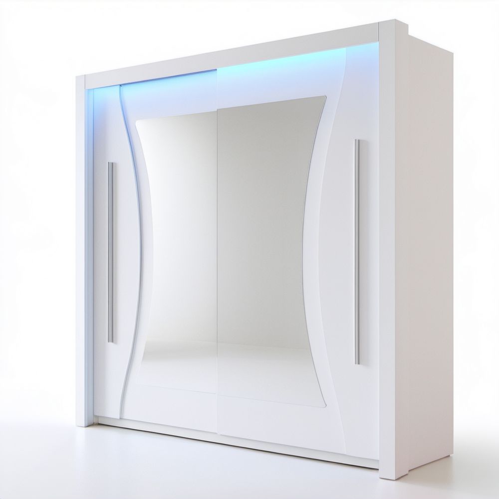 Biała szafa przesuwna z lustrem, oświetleniem LED i srebrnymi uchwytami 200 × 62 × 216 cm