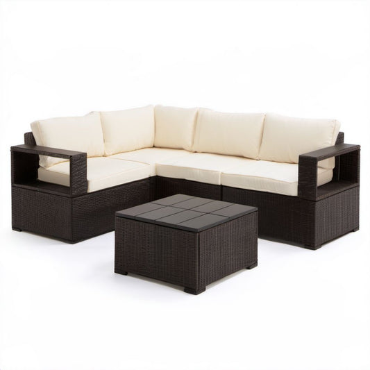 Ogrodowy zestaw mebli z technorattanu – 5-osobowa sofa narożna 220 × 220 × 65 cm ze stolikiem 70 × 70 × 35 cm, brązowy/kremowy