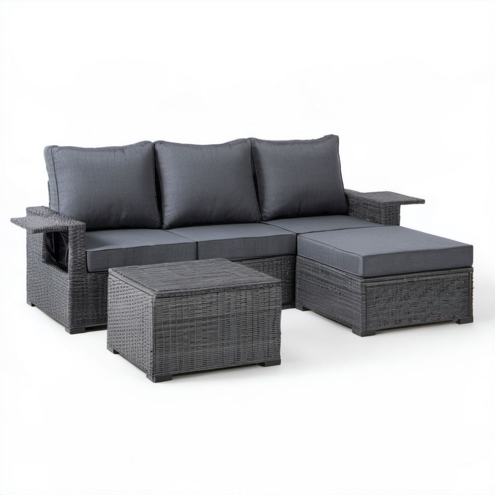 3-częściowy zestaw mebli ogrodowych z technorattanu – sofa 180 x 65 x 66 cm, pufa i stolik, grafitowy/ciemnoszary