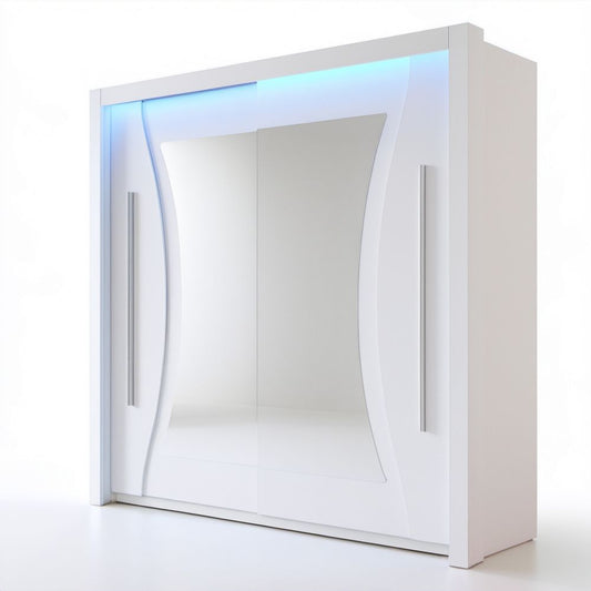 Biała szafa przesuwna z lustrem, oświetleniem LED i srebrnymi uchwytami 200 × 62 × 216 cm
