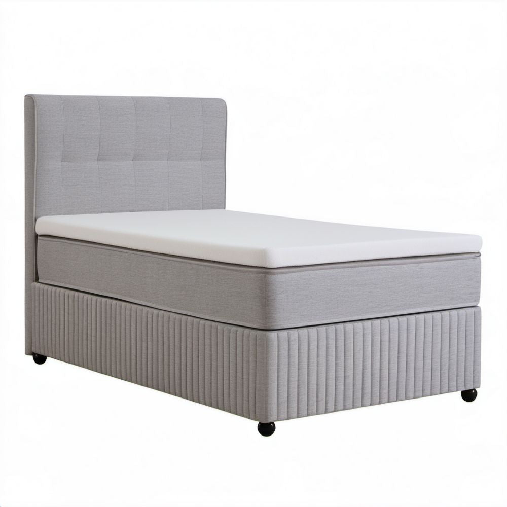 Łóżko kontynentalne jednoosobowe tapicerowane szare z materacem piankowym 90 x 200 cm